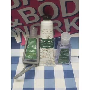BBW Aromatherapy Stress Relief Hand Cream & 2 Refills ++ Gray Pocket Bac Holder
